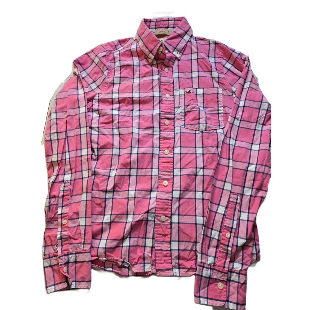 Hollister Mens Pink Plaid Button Down Shirt Surfer Cut Size Medium